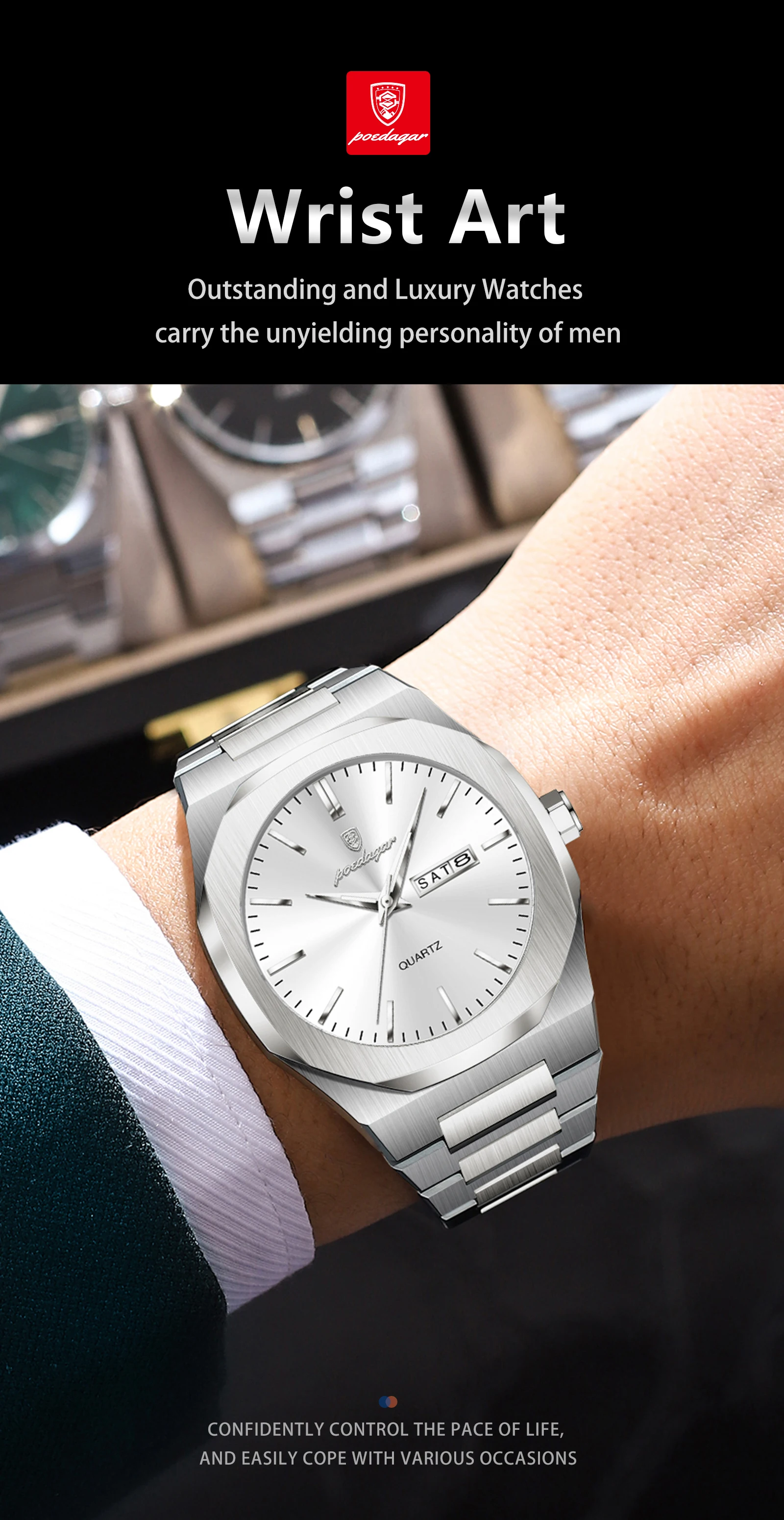 POEDAGAR Mode Marke Männliche Armbanduhr Wasserdicht Leucht Edelstahl Männer Uhr Datum Woche Casual Quarz herren Uhren Reloj – Detail 13