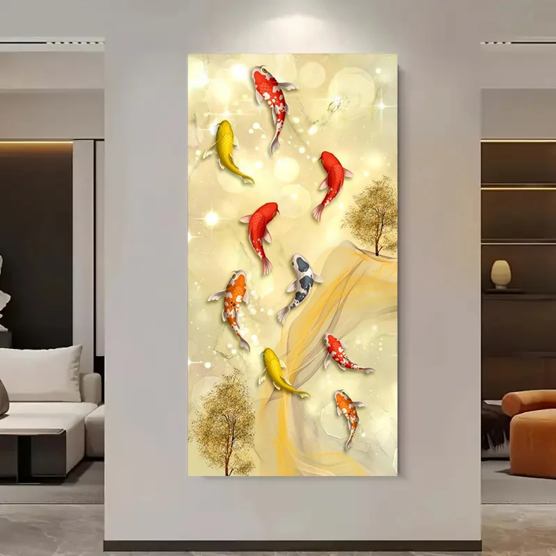 Large Frameless Canvas Art - Vibrant Koi Fish with Golden Accents & Abstract Background, Modern Wall Decor for Living Room, Bedr