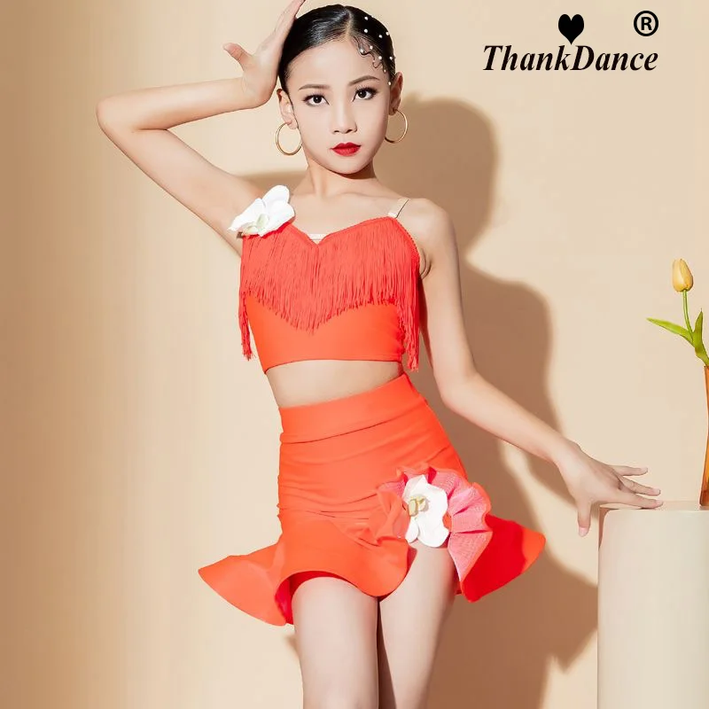 สาวชุดเต้นรําละติน Fringe Latin Dance เสื้อผ้าเด็กการแข่งขัน Salsa เครื่องแต่งกายสีดําสีแดงเด็กห้องบอลรูม Tango ชุด