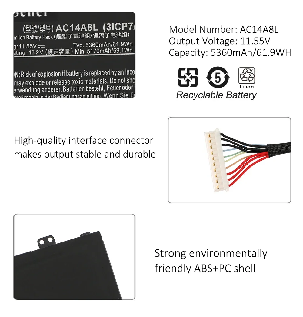 AC14A8L Laptop Battery For Acer Aspire VN7-571 VN7-571G VN7-591 VN7-591G VN7-791G MS2391 KT.0030G.001 52.5WH 11.4V 4605mAh