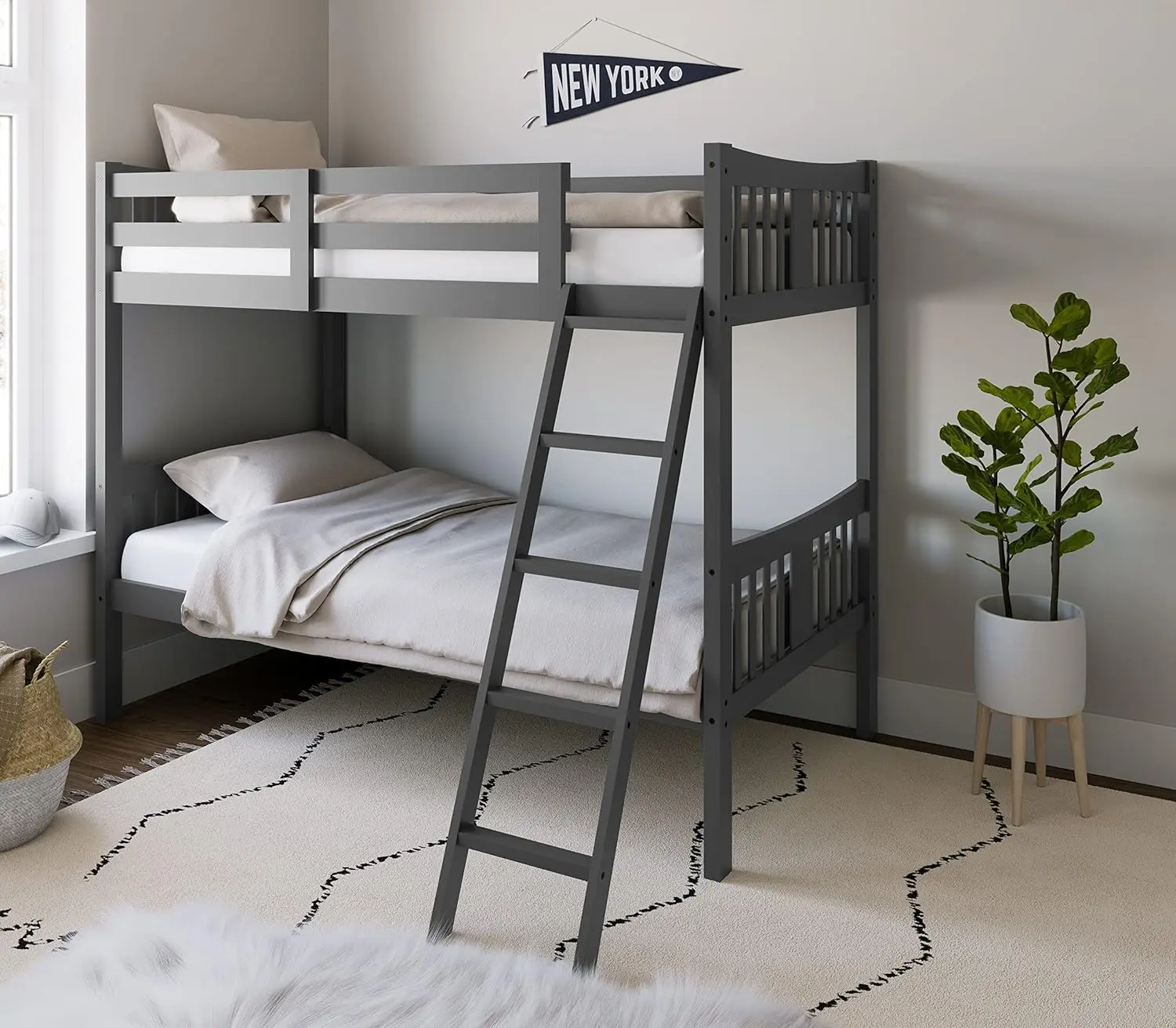 Twin-over-Twin Bunk Bed (Gray)Converts to 2 individual twin beds,QUALITY CRAFTMANSHIP: Crafted of rubberwood solids