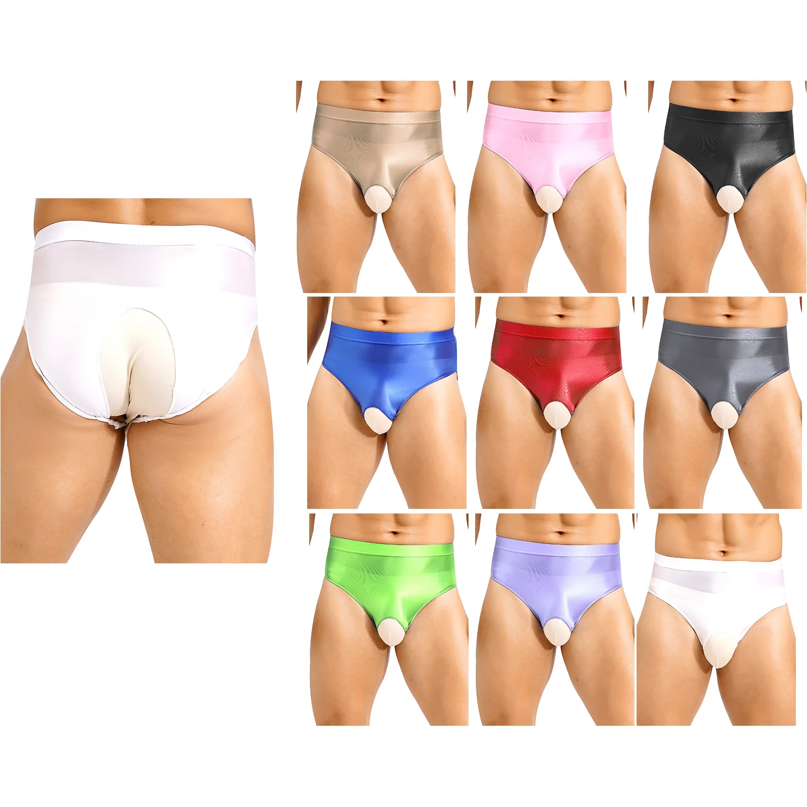 Men Glossy Sexy Gay Briefs Underwear Open Crotch Open Butt Panties Lingerie Solid High Waist Underpants Nightwear Clubwear