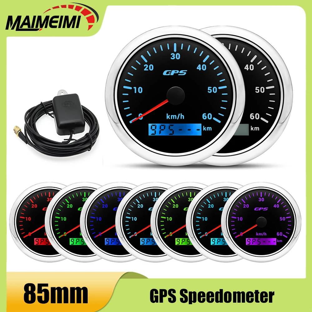 

30/60/80/120/200km/h 85MM GPS Speedometer With Antenna Universal For 12V 24V Car Marine Boat Speed Gauge Meter 7 Color Backlight