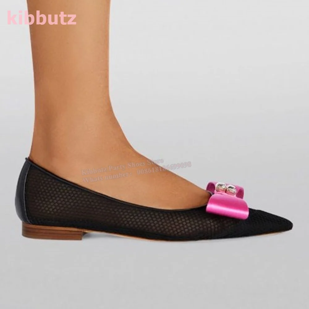 Busur kristal Mess pompa tunggal ujung runcing datar dengan dangkal Slip-On Glossy warna campuran merah muda mode seksi elegan sepatu wanita baru