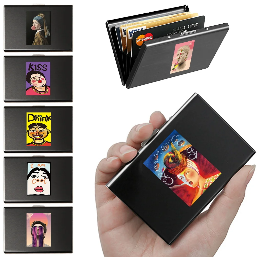 

Card Holder Men RFID Blocking Metal Slim Wallet Money Bag Funny Printing Anti-scan Credit Card Holder Thin ID Case Male Wallet