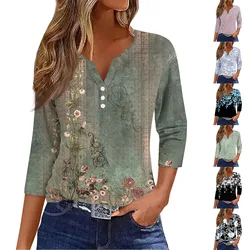 Women's Fashion Casual T-Shirt V-Neck Seven Sleeve Floral Printed Button Top Tops for Women Womens Tops and Blouses Dressy Tops