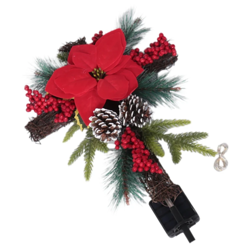Christmas Cross Stake Metal Cross Solar Powered With Fairy Lights, Natural Rattan, Red Poinsettia & Berries