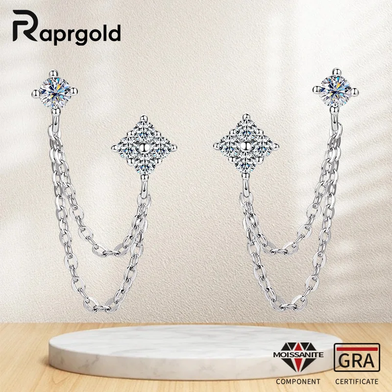 

RAPRGOLD Full Moissanite Link Chains Double Piercing Stud Earrings for Women S925 Sterling Silver Fine Jewelry Gifts Pendientes
