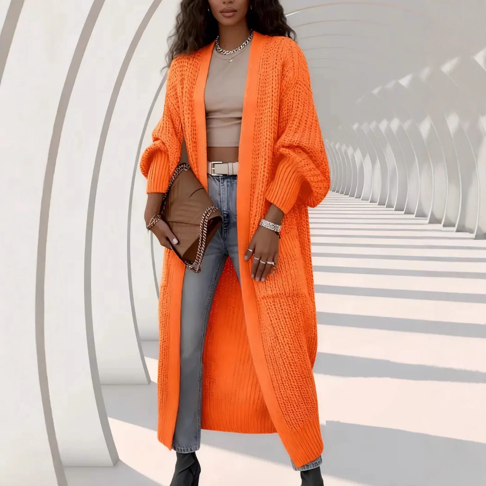 

Casual Long Sleeve Cardigan with Pockets Knitted Sweater Polo Collar Princess Sleeve Elastic Waist for Women