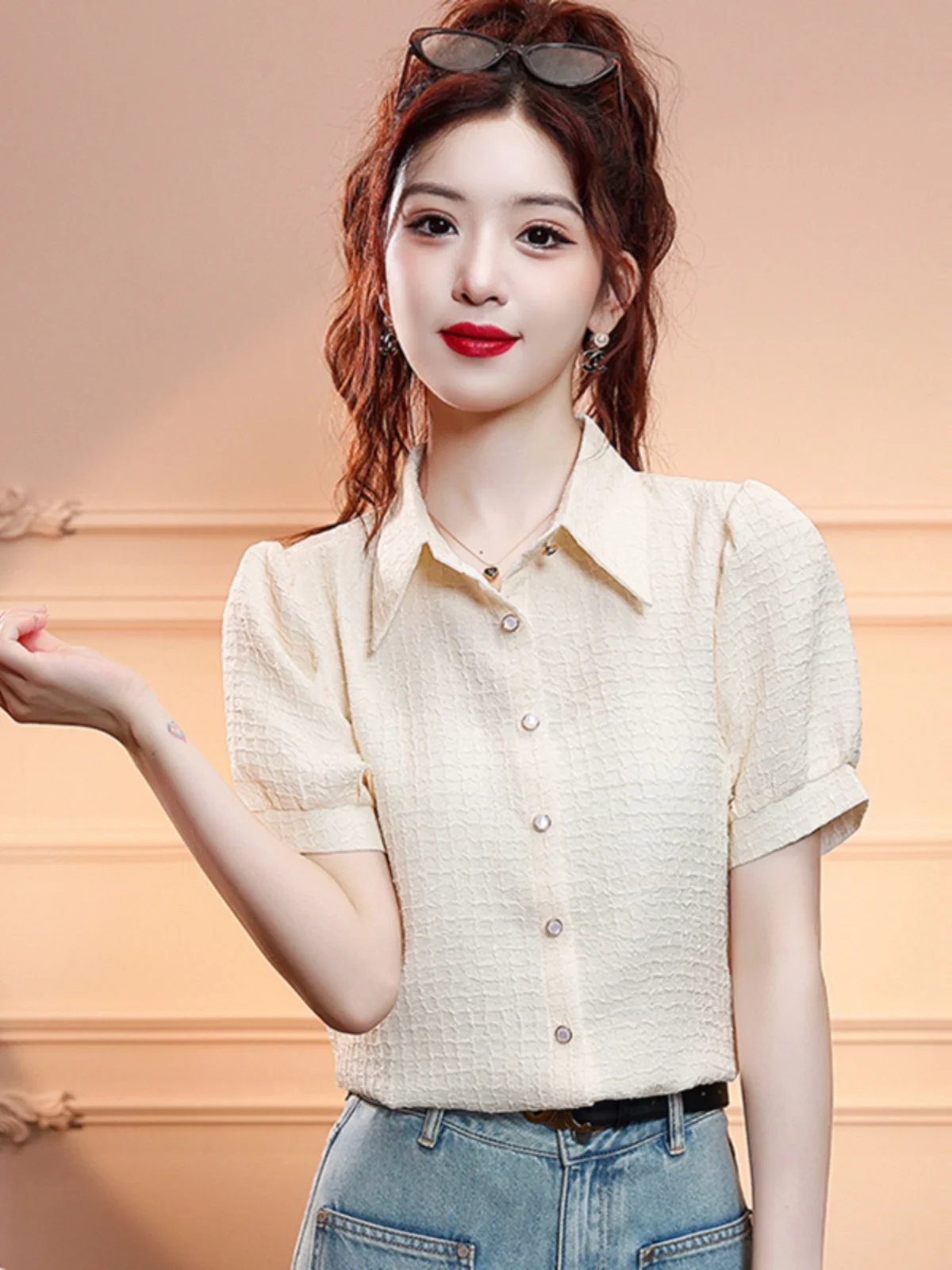 

Ele Chiffon irt Women's Loose Fit ort Sve Turn-down Collar Versatile Ladies' Blouse Korean Sle Commute Faion