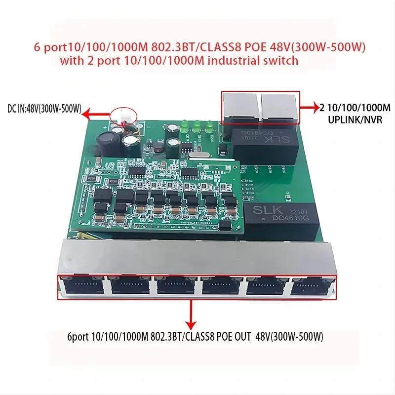 8-port 10/100/1000M POE 48V(300W-500W) 802.3BT class8  switch with 2 1000M UPLINK NVR Ports