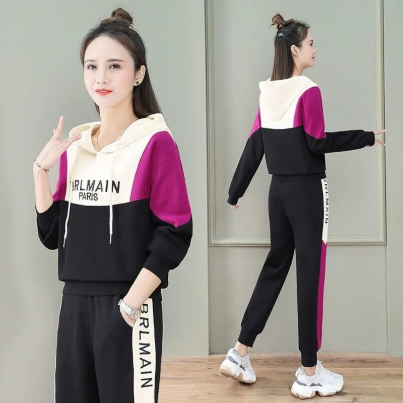 

Women's Leisure Sports Suit Spring And Autumn Hooded Sweatshirt New Student Korean Fashion Long Sleeve Top Pants 2 Two Piece Set
