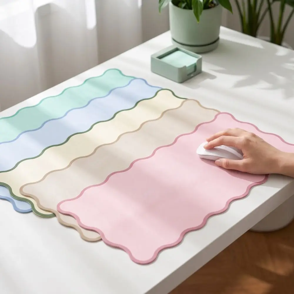 Sweet PU Leather Desk Pad Non Slip Large Mouse Pad Wave Edge Simple Desktop Cover Gaming Room