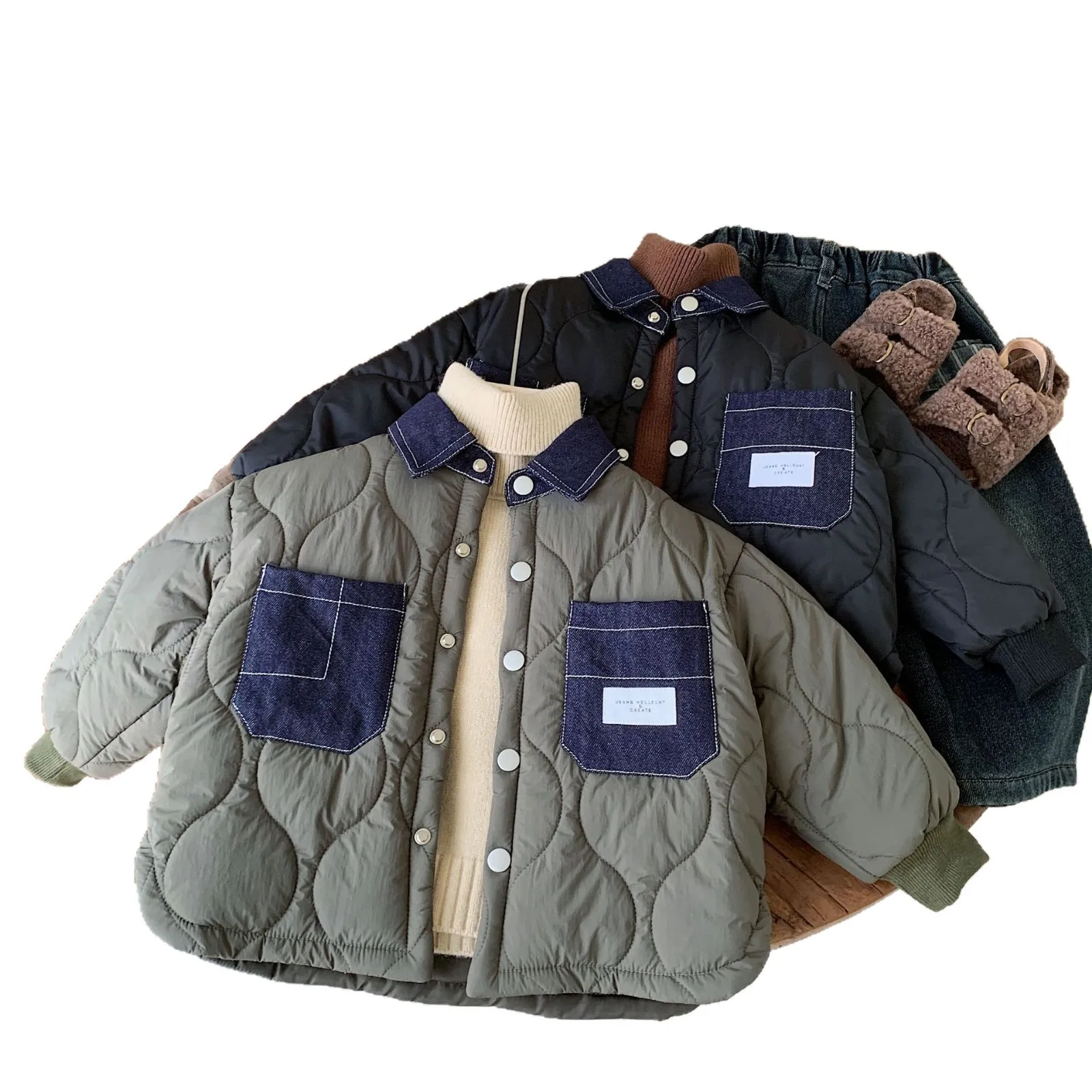 الأولاد القطن Jaet شتاء جديد Sle الدنيم طوق المطرزة القطن ملابس خارجية بيبي بوي ملابس قطنية طويلة طول Thiened