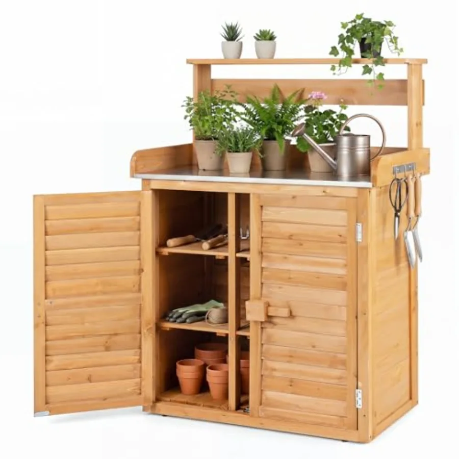 Garden Potting Bench Table with Stainless Steel Tabletop