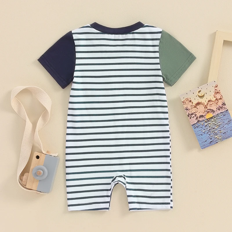 

Baby Boys Jumpsuit Short Sleeve Crew Neck Striped Contrast Color Summer Romper Clothes for Casual Daily