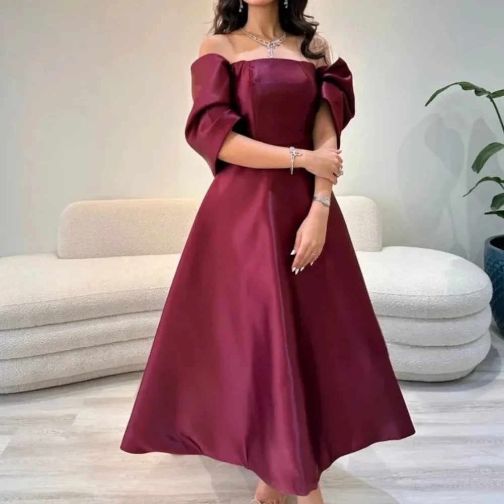 

Vintage Short Burgundy Off the Shoulder Satin Evening Dresses Short Sleeves with Bow A Line Tea Length فساتين سهرة 2024