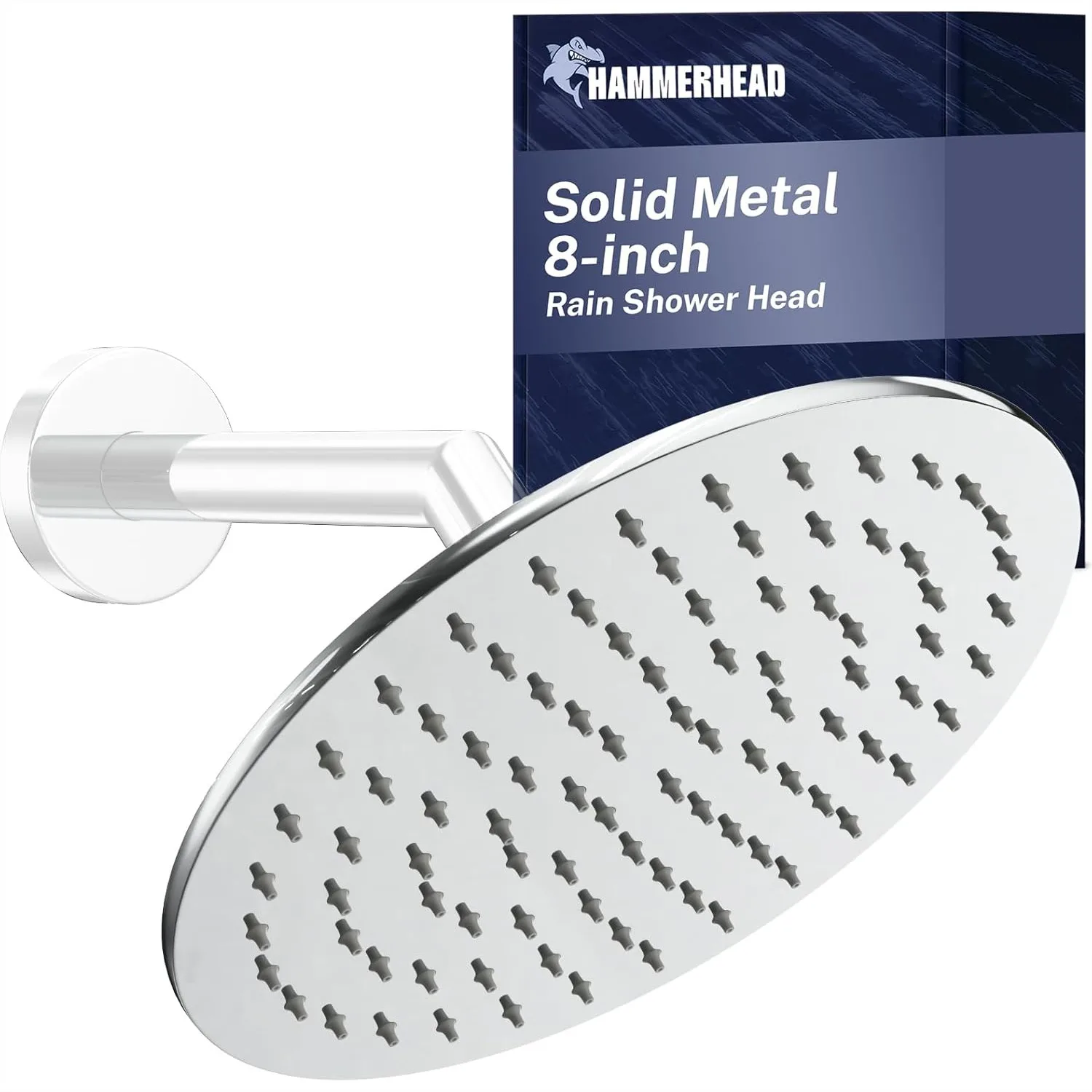 

Solid Metal 8 Inch Rainfall Shower Head, High Flow 2.5 GPM with Custom-Engineered Nozzles for Increased Pressure, Large Round