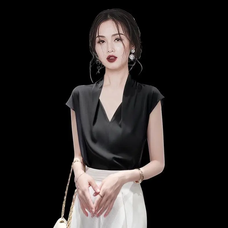 

2025 Summer New Loose All-match Tops Office Lady Shirts Elegant V-Neck Spliced Solid Color Satin Blouses Women's Clothing