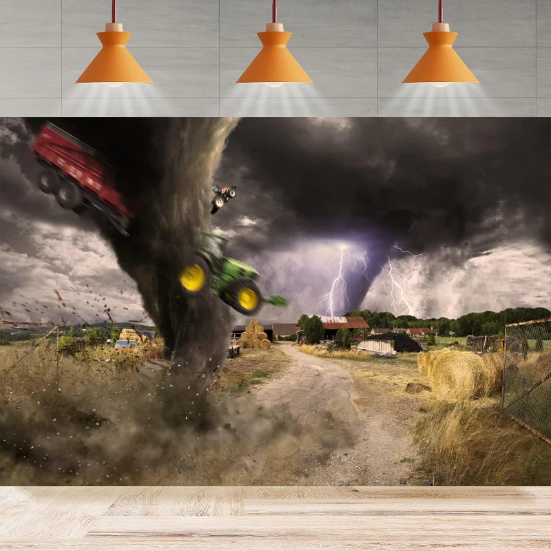 

Countryside Farm Tornado Photography Backdrop Party Farmland Hay Bales Tractors Truck Stormy Lightning Background Wall Banner