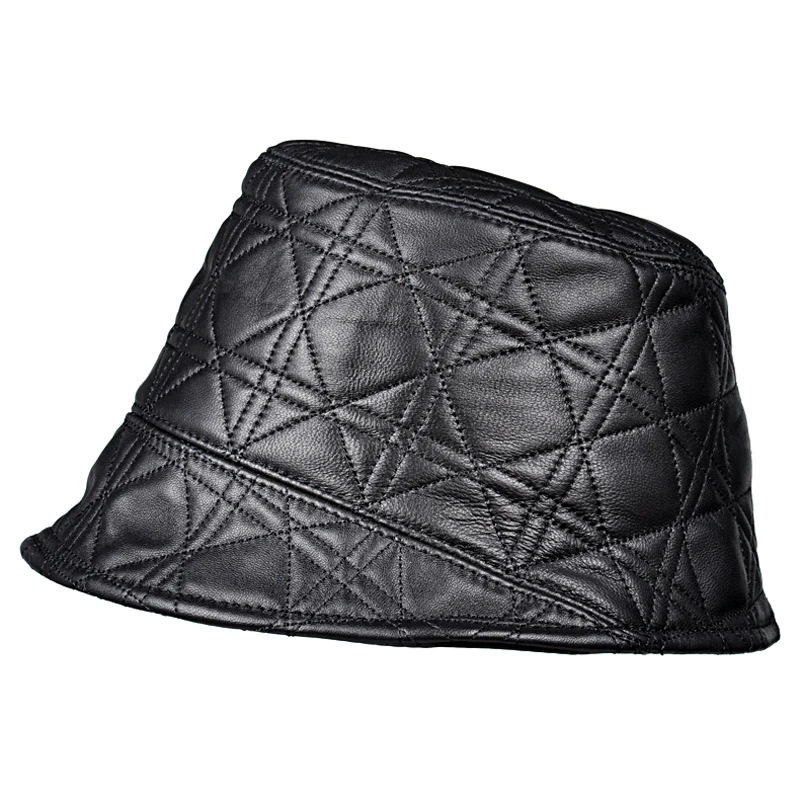 Chic Leather Fisherman Hat For Women Men Real Skin Checkered Embroidery Neutral Basin Caps Korean Plaid Winter Casquette Street