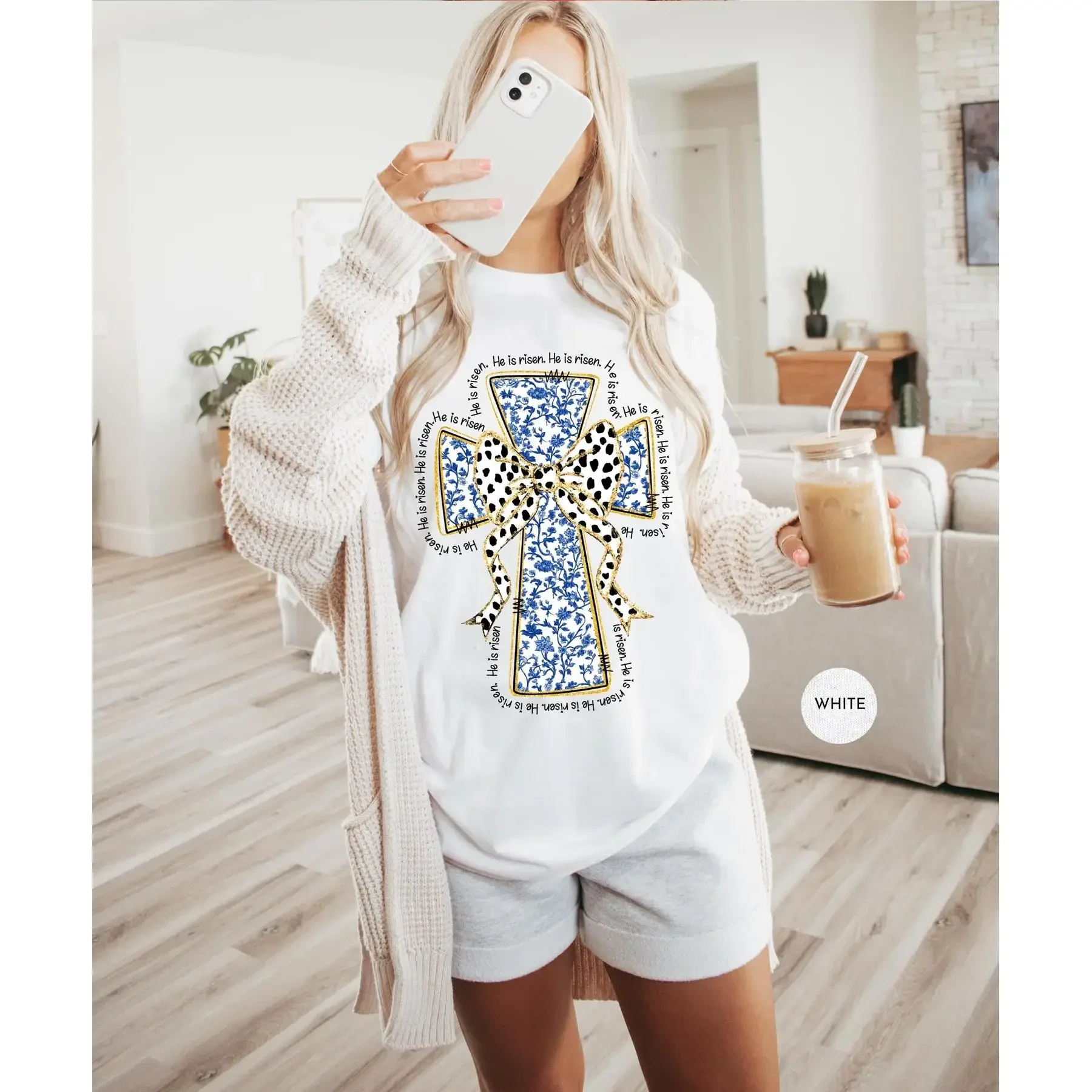 Easter T Shirt He Is Risen Jesus Cross Blue Toile Chinoiserie Outfit Church