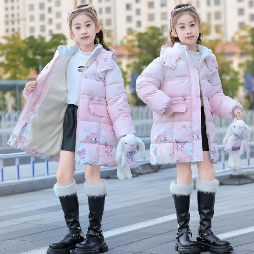 Sanrioed Kuromi My Melody Girls Thicken Cotton Padded Jacket Coat Cartoon Child Long Style Coat Winter Warm Cute Cotton Clothes