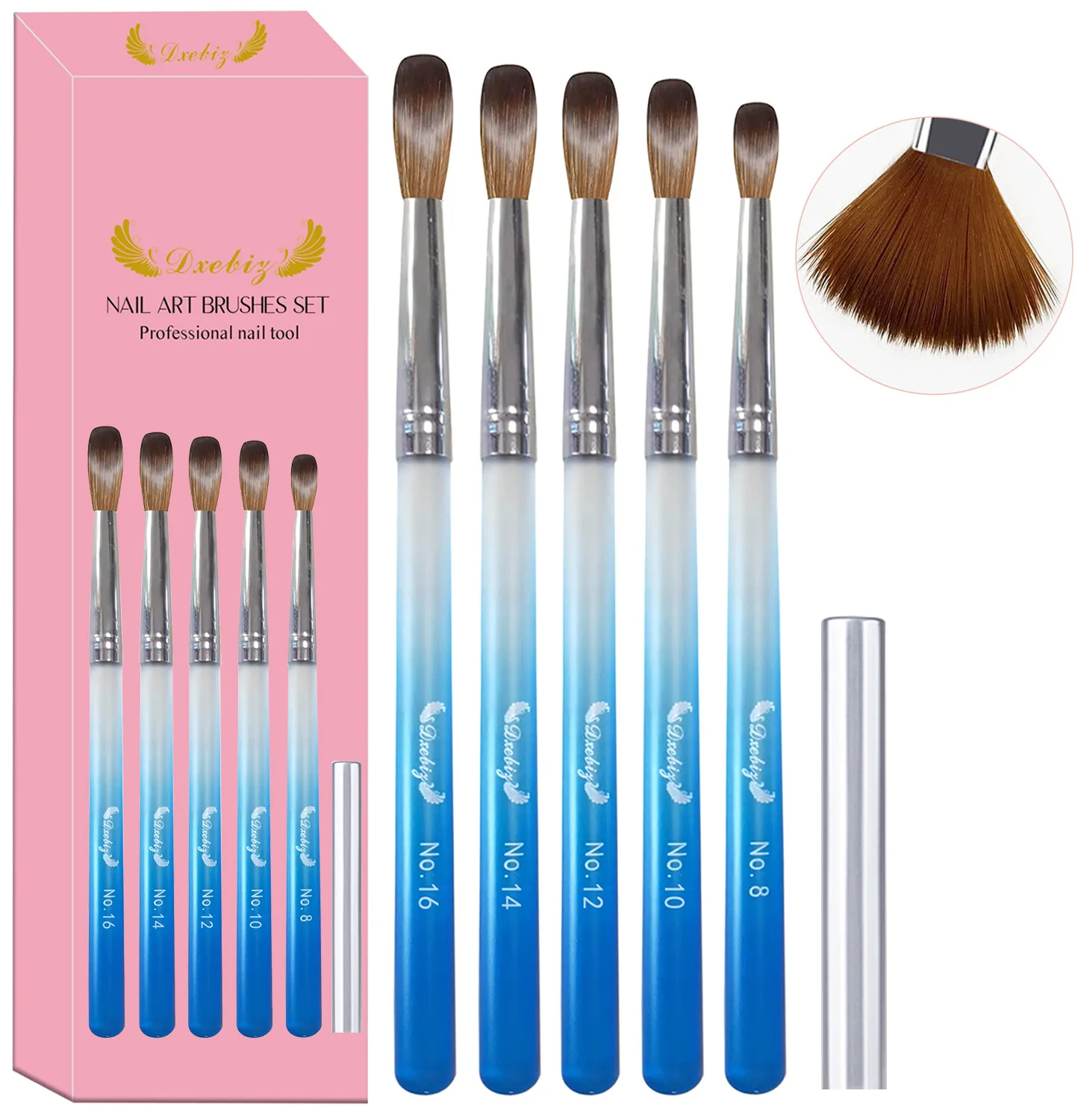 5pcs/set Blue Acrylic Nail Carving Pen Brush Set with Acrylic Handle, Acrylic Nail Tools for Beginner No.8-10-12-14-16