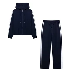 PB&ZA casual versatile side striped hooded jacket with drawstring pants two-piece set 2024 autumn new women's clothing