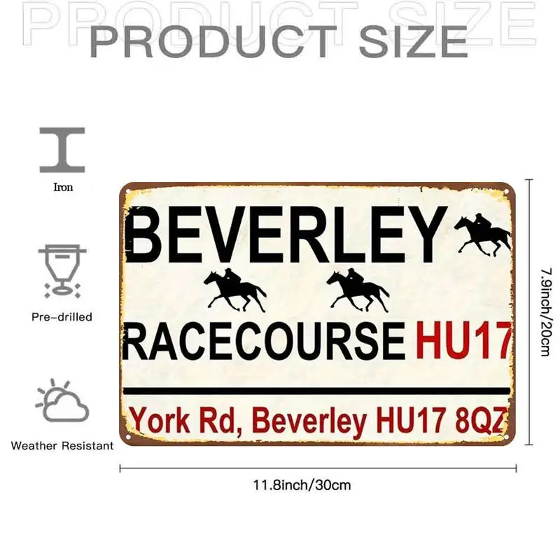 Fun Beverly Racecourse Logo Metal Tin Sign，Pre-drilled holes，Suitable for indoor use、Garden、Outdoor、Home