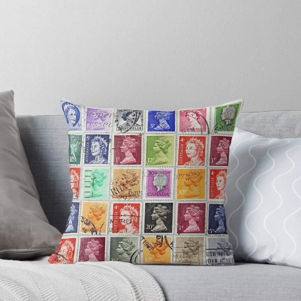 Postage stamps of British Commonwealth with image of Her Majesty Queen Elizabeth. Throw Pillow Pillow Decor pillow