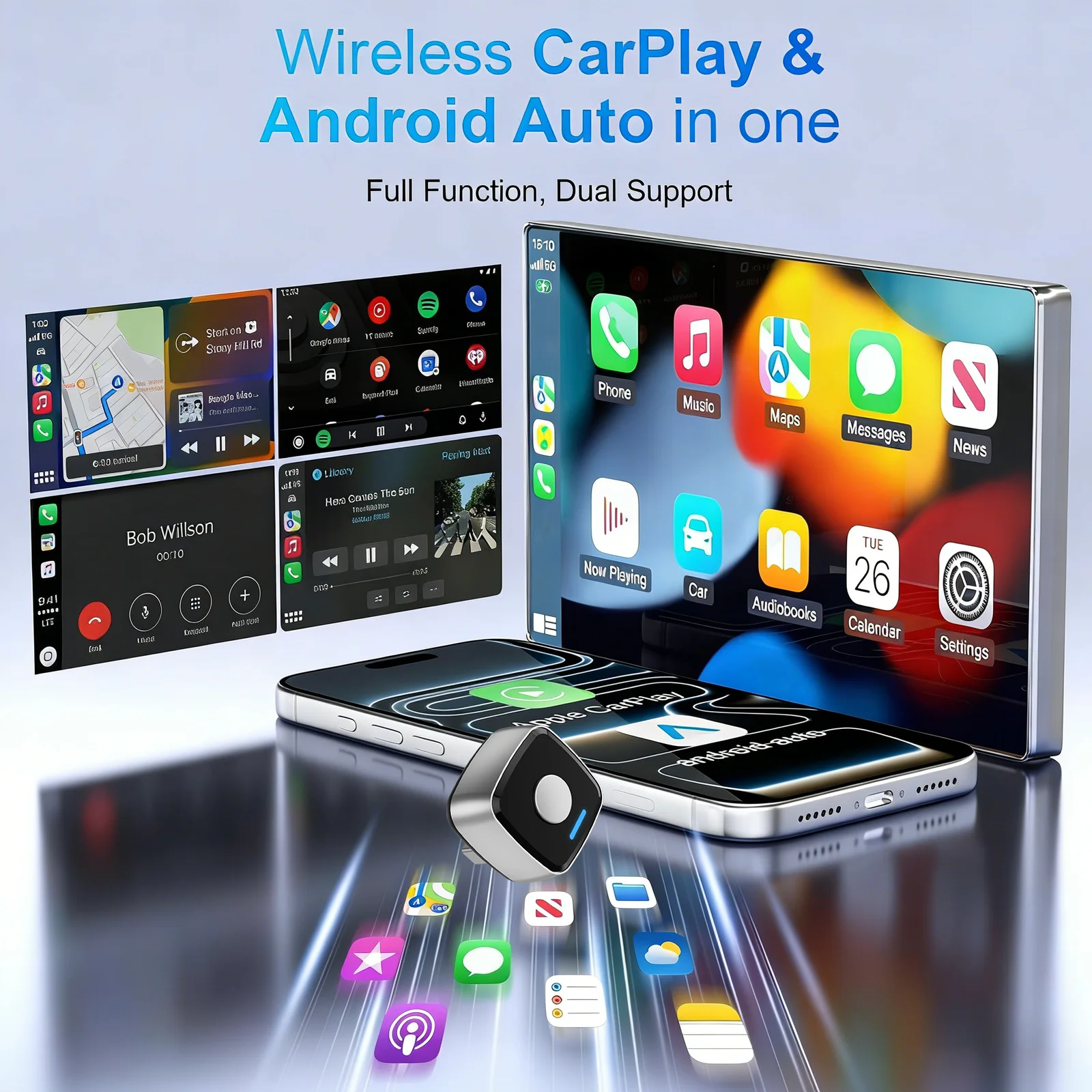 2026 New 2in1 Wireless CarPlay/Android Auto Ultra-Compact Adapter – 2.4/5 GHz WiFi, Wired-to-Wireless Converter, Fast Connection