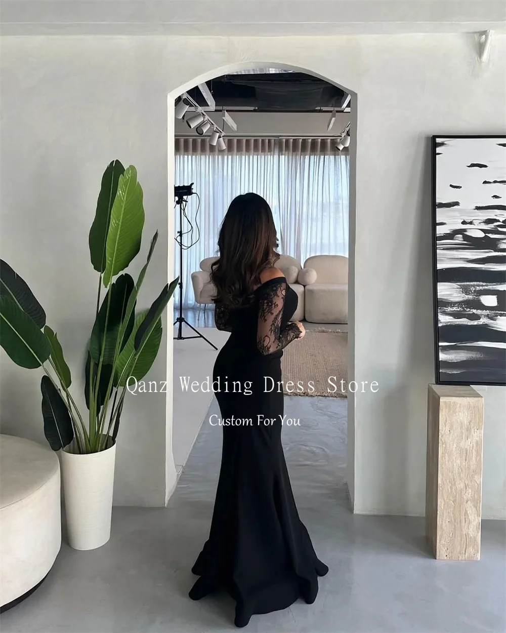 Qanz Saudi Arabia Evening Dresses Mermaid Long Sleeves Lace Black Vestidos De Fiestas Mujer Vintage Satin Party Gowns Customized