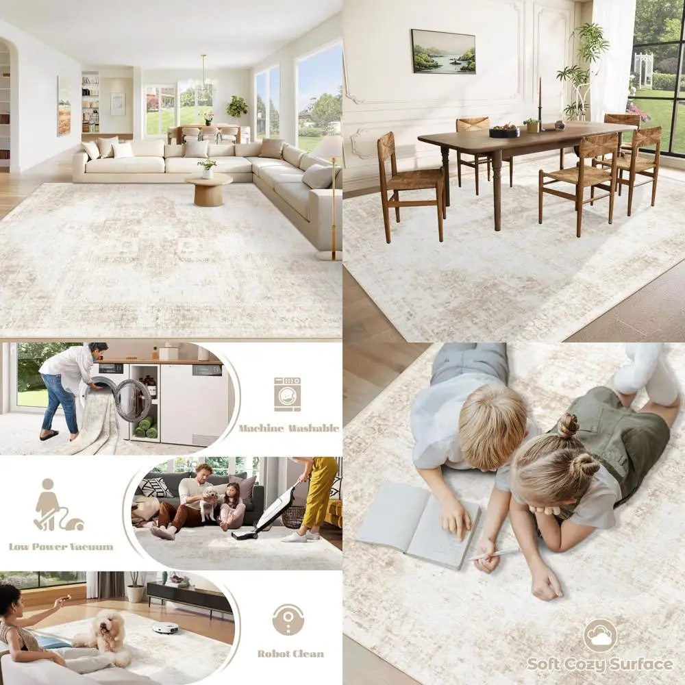 

9x12 Washable Bohemian Medallion Area Rug, Non-Slip Soft Low Pile Distressed Vintage Style Indoor Carpet