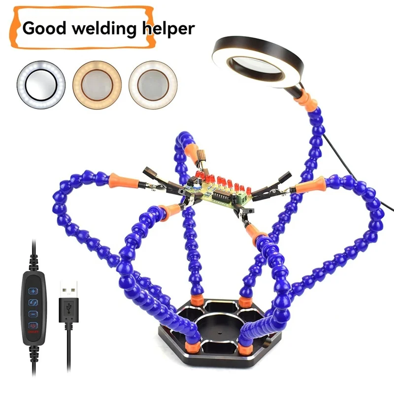 

TFORU-Electronic Soldering Helping Hands Tool With 3X Magnifier LED Flashlight USB Welding Smoke Exhaust Fan For PCB IC Repair