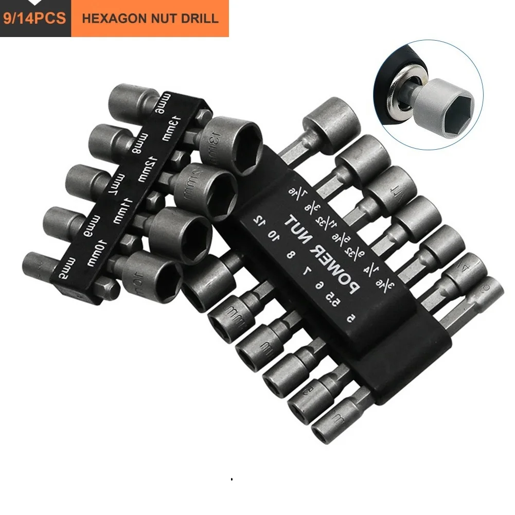 9PCS/14PCS Hex Socket Sleeve Nozzles Nut Driver Bit Set Hand Tools