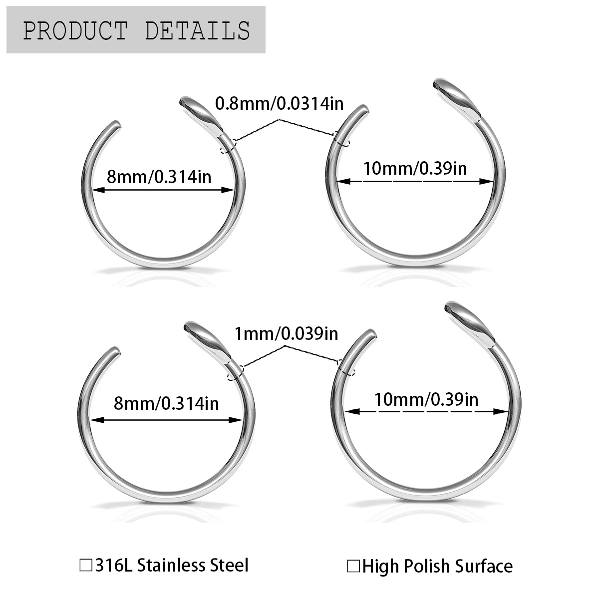 2 Pcs Stainless Steel Personality Type C Free Piercing Nose Ring For Men And Women Fishhook Fake Piercing Nose Ring Earrings