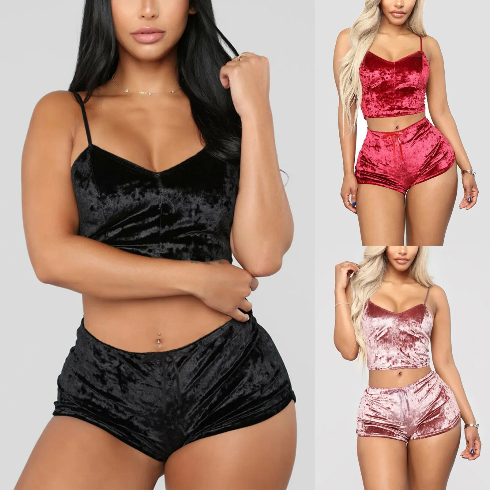 Female Simple Sexy V-neck Slim Fitting Solid Color Fleece Underwear Set Fashion Soft and Comfy High Waist Shorts and Sling Suit