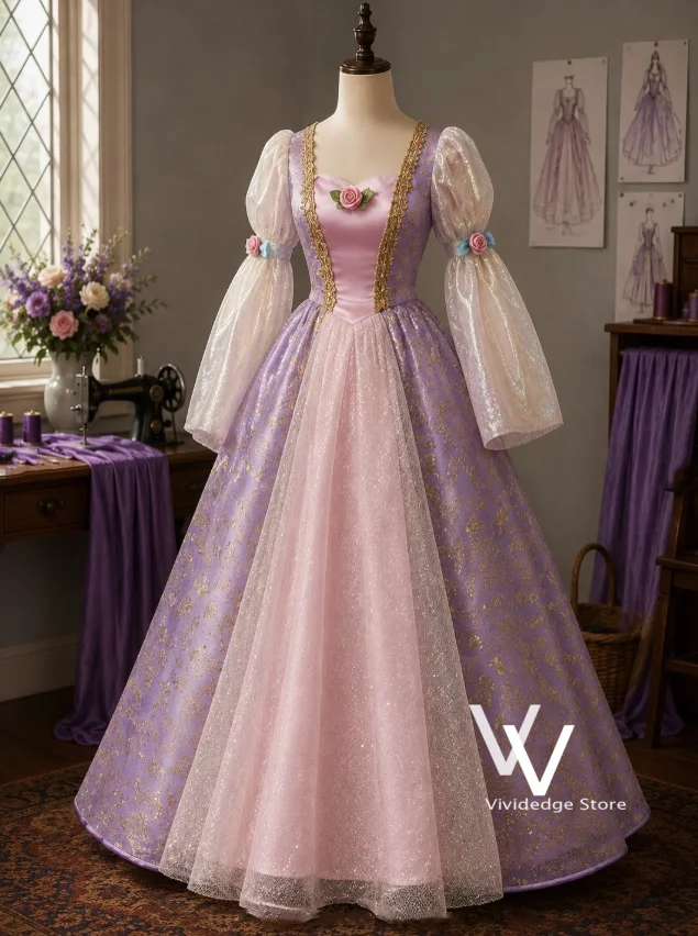 Rosa Lavendel Prinzessin Ballkleid mit Puffärmeln, 3D-Blumen, Märchenhaftes Quinceanera-Kleid, Viktorianisches Cosplay-Abendkleid, Maßanfertigung
