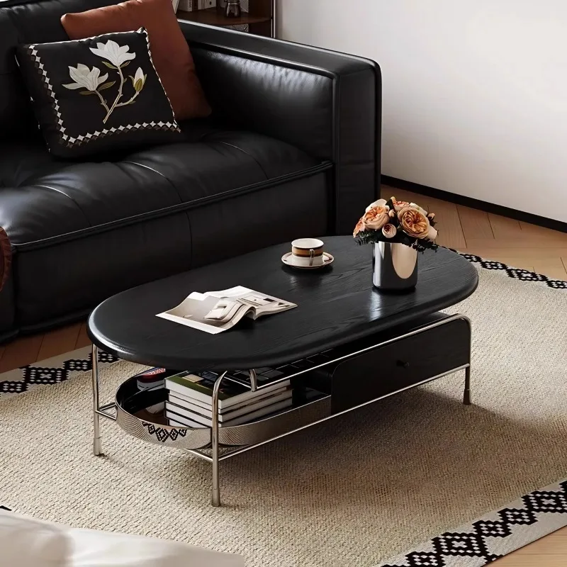 

#qFrench Retro Coffee Table Living Room Household Small Apartment Oval Designer Creative Original Stainless Steel Black Tea