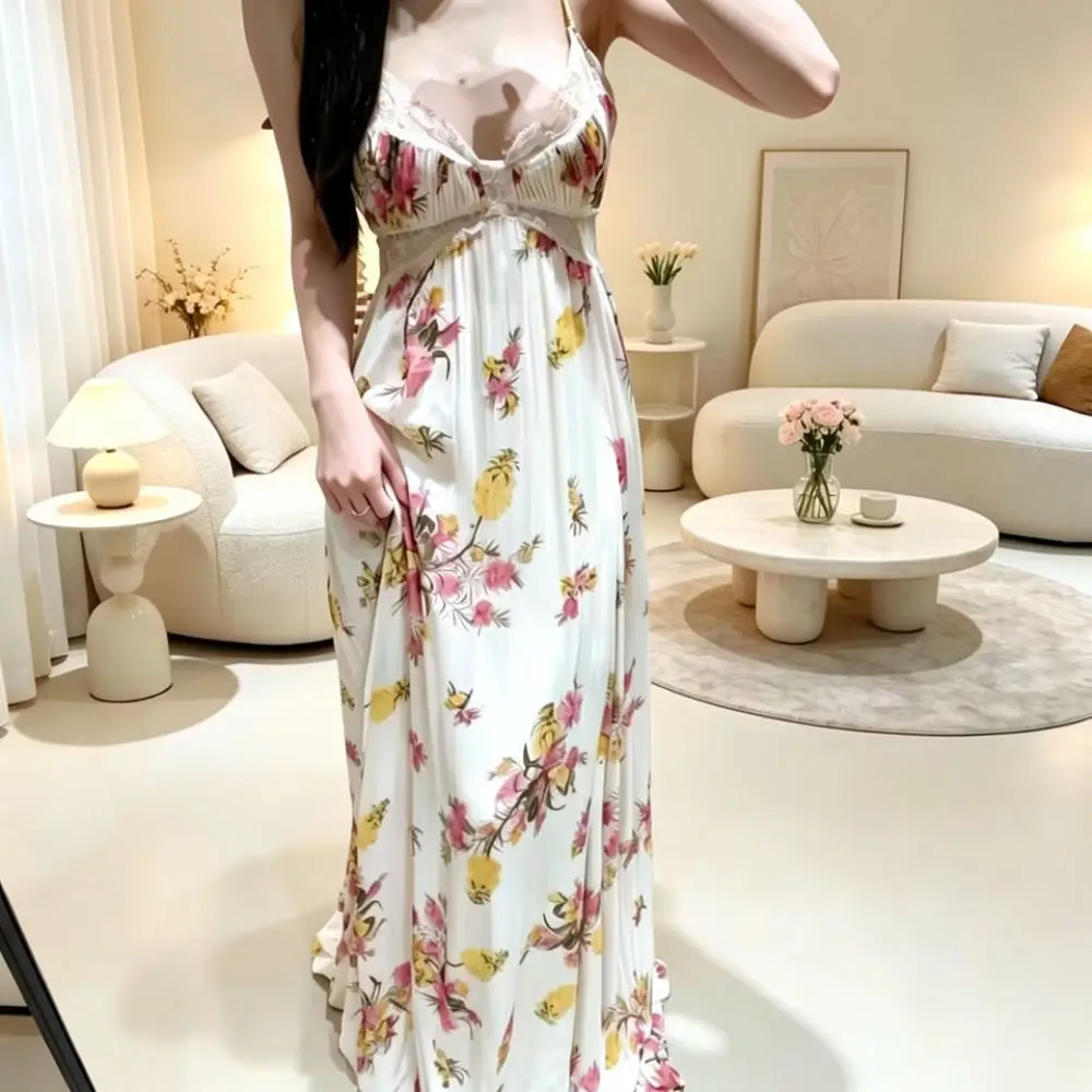 Elegant Floral Print Maxi Dress Women Summer Backless Spaghetti Strap V Neck Vacation Beach Fairy Party Long Dress