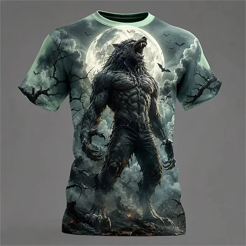 Funny Wolf Pattern Men's T-shirts Fashion Halloween Dress Up Short Sleeve Tees Casual O-neck Loose Short Sleeve Tops