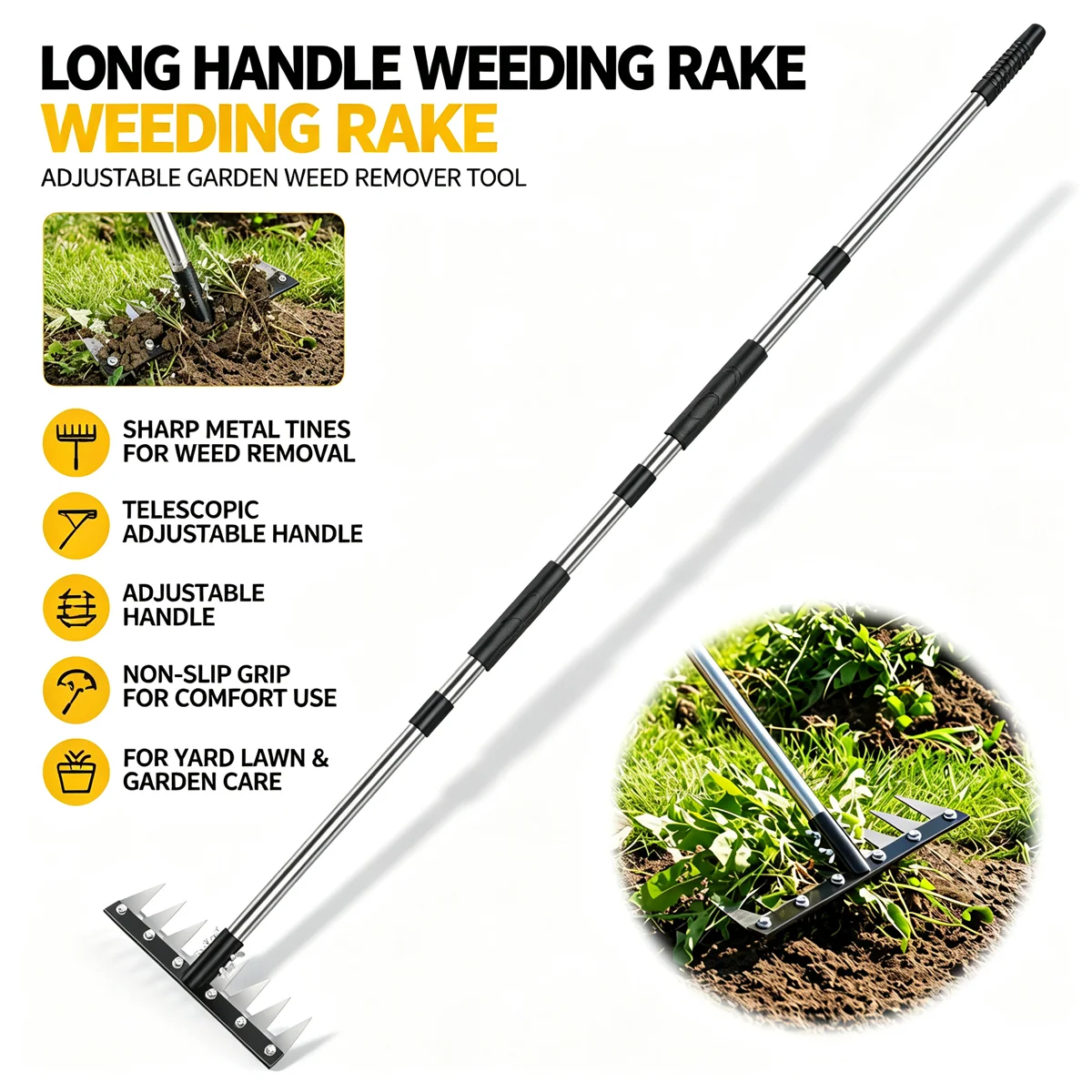Garden Weeding Rake with Adjustable Long Stainless Steel Handle Manganese Steel 8 Teeth Weed Puller Tool for Yard Lawn Loosening
