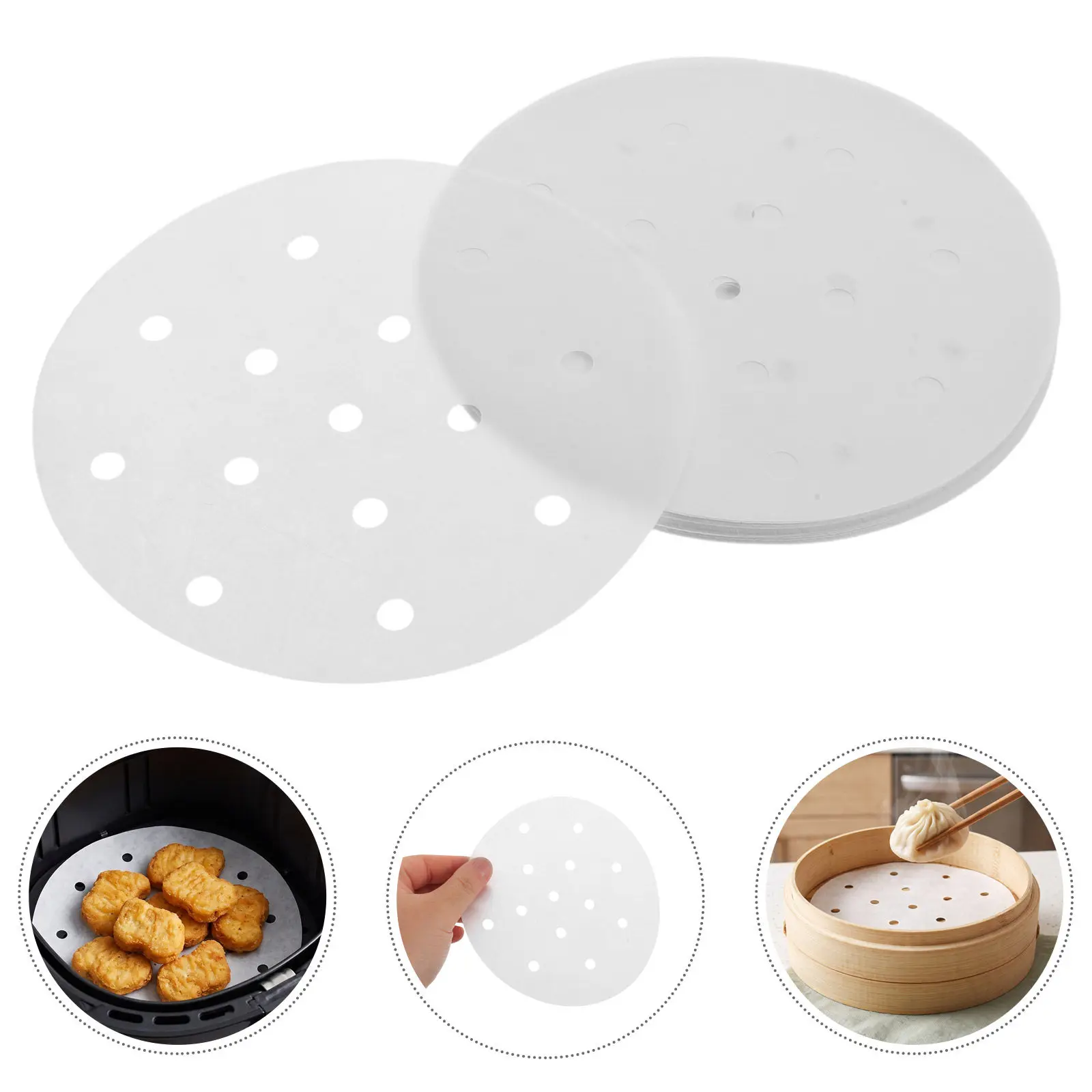 300Pcs Round Steamer Paper Nonstick Silicone Coated Perforated Even Steam Circulation Dim Sum Dumpling Baking