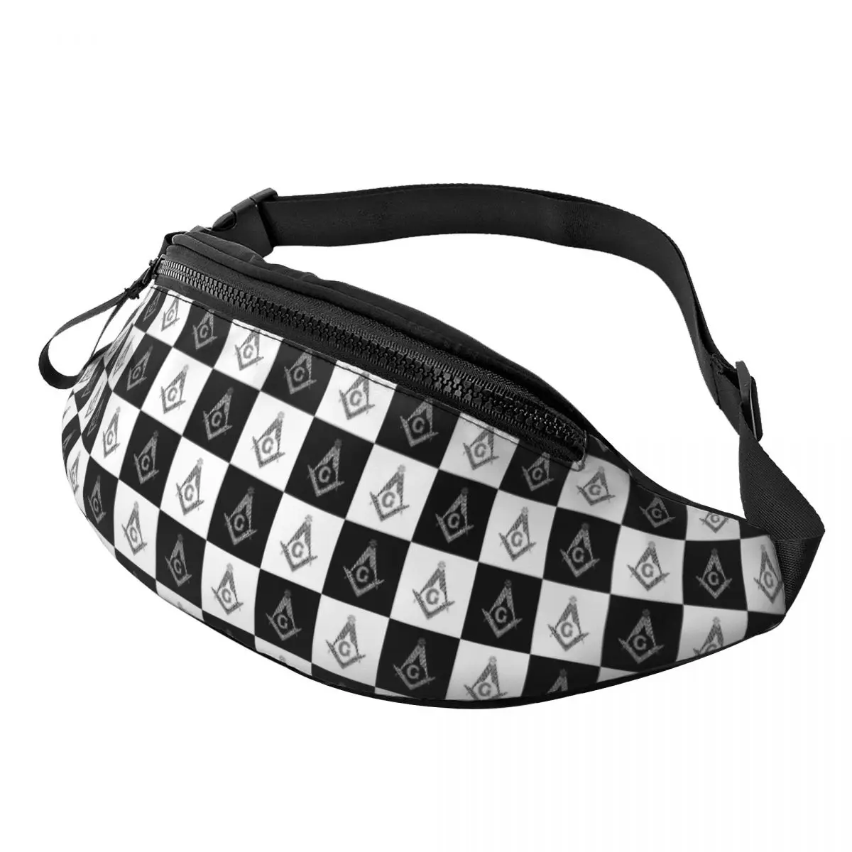 Custom Black And White Masonic Freemason Checkered Pattern Fanny Bag Crossbody Waist Pack Women Men Running Phone Money Pouch