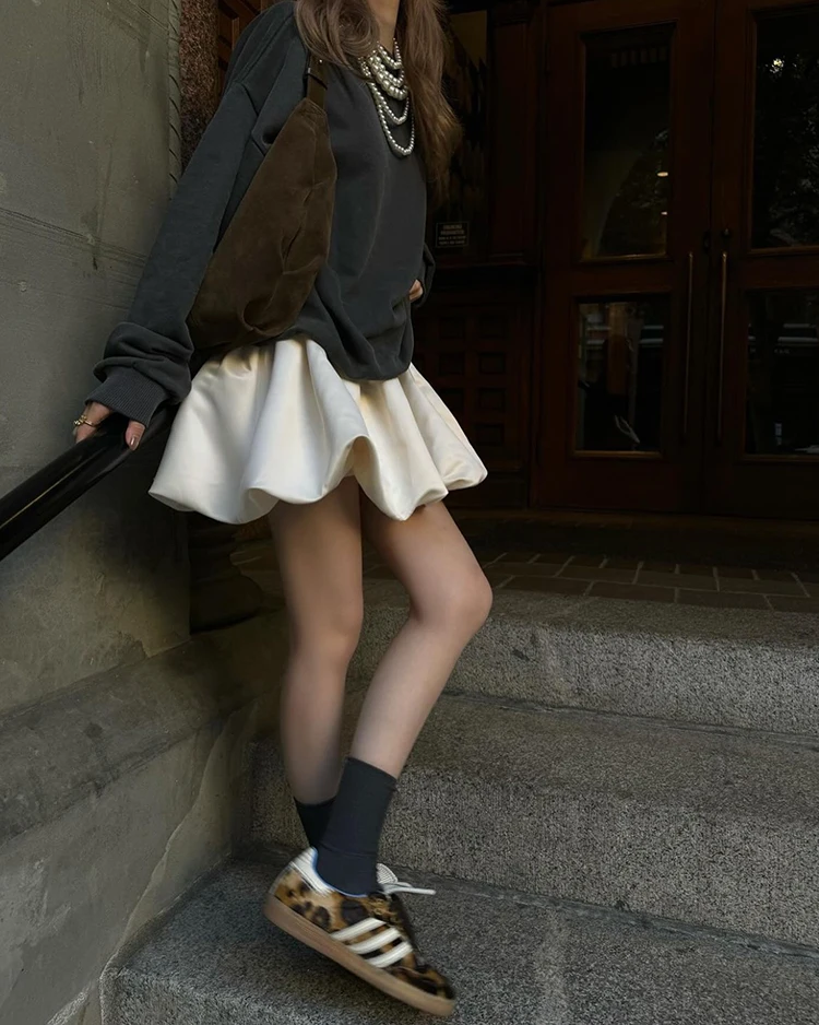 Lautaro Spring Summer Sweet Cute Soft Shiny Satin Mini Bud Skirt Women with Shorts High Waist Short Luxury Designer Clothes