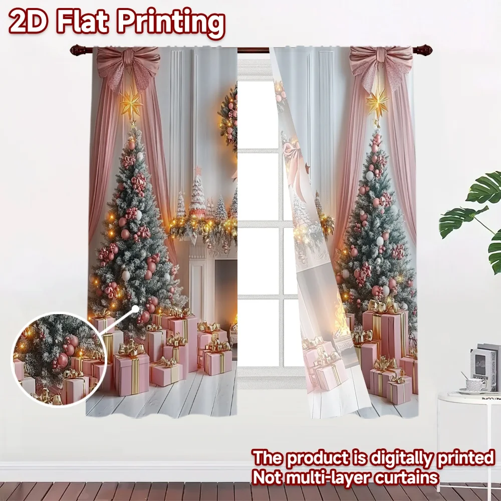 2D flat 2pcs Curtain Retro Country Style Christmas Pink Fireplace Durable polyester fiber Festive Wall Decor Perfect for Art