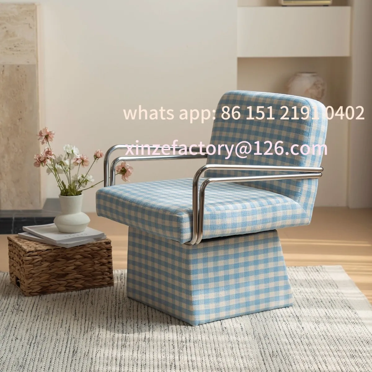 Customizable Rotatable Sofa Chair Living Room Balcony Leisure Lazy Sofa Chair Blue Plaid Single Chair