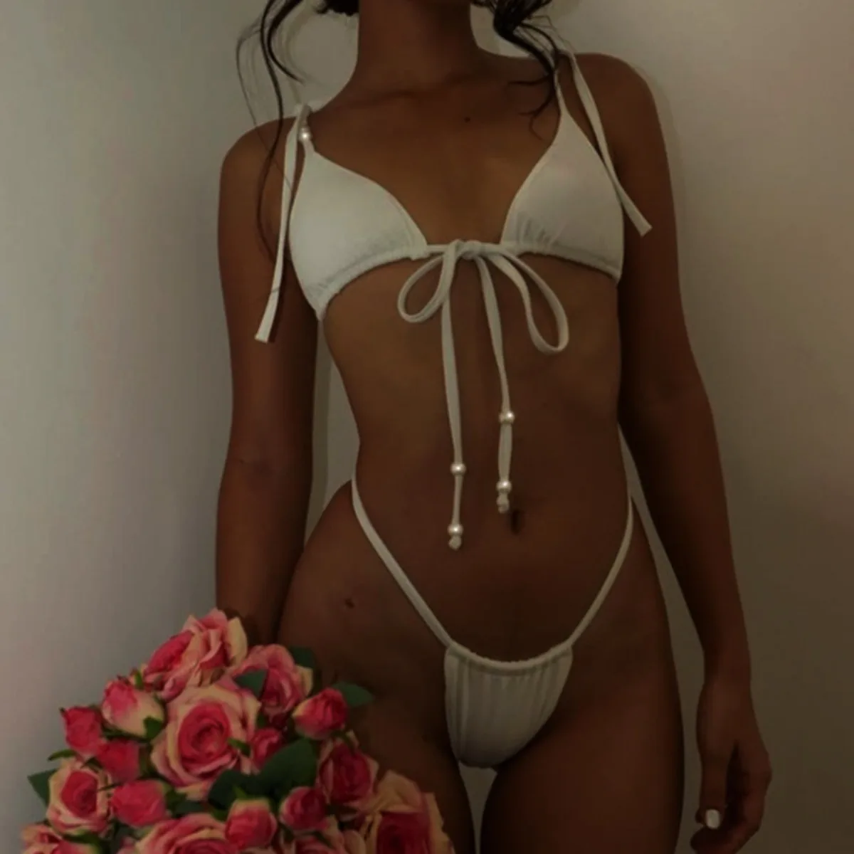 

2025 New Women's Solid-color Separate Beach Wear Sexy Halter Three-point Bikini Set Backless Adjustable Lace-up Swimsuit