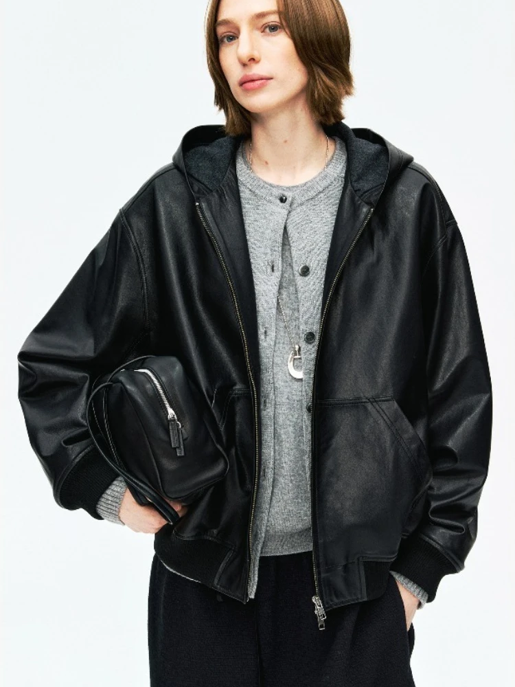 

Hooded Sheepskin Jacket Women Short Vintage Wool Knitted Inner Real Sheepskin Jacket Ribbed Cuffs Leather Jackets Mujer